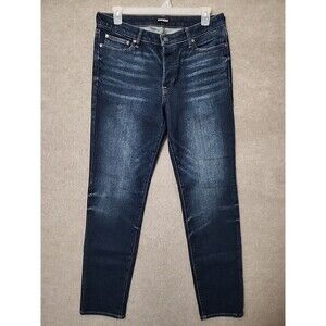 Express Slim Straight Jeans Mens 34x34 Blue Dark Wash Button Fly Stretch